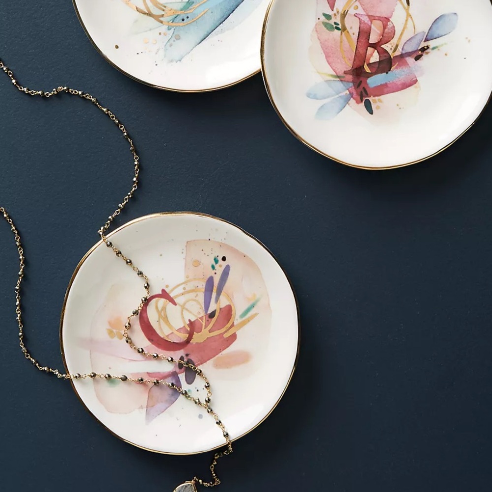 Anthropologie Pink and Gold Ceramic Plate